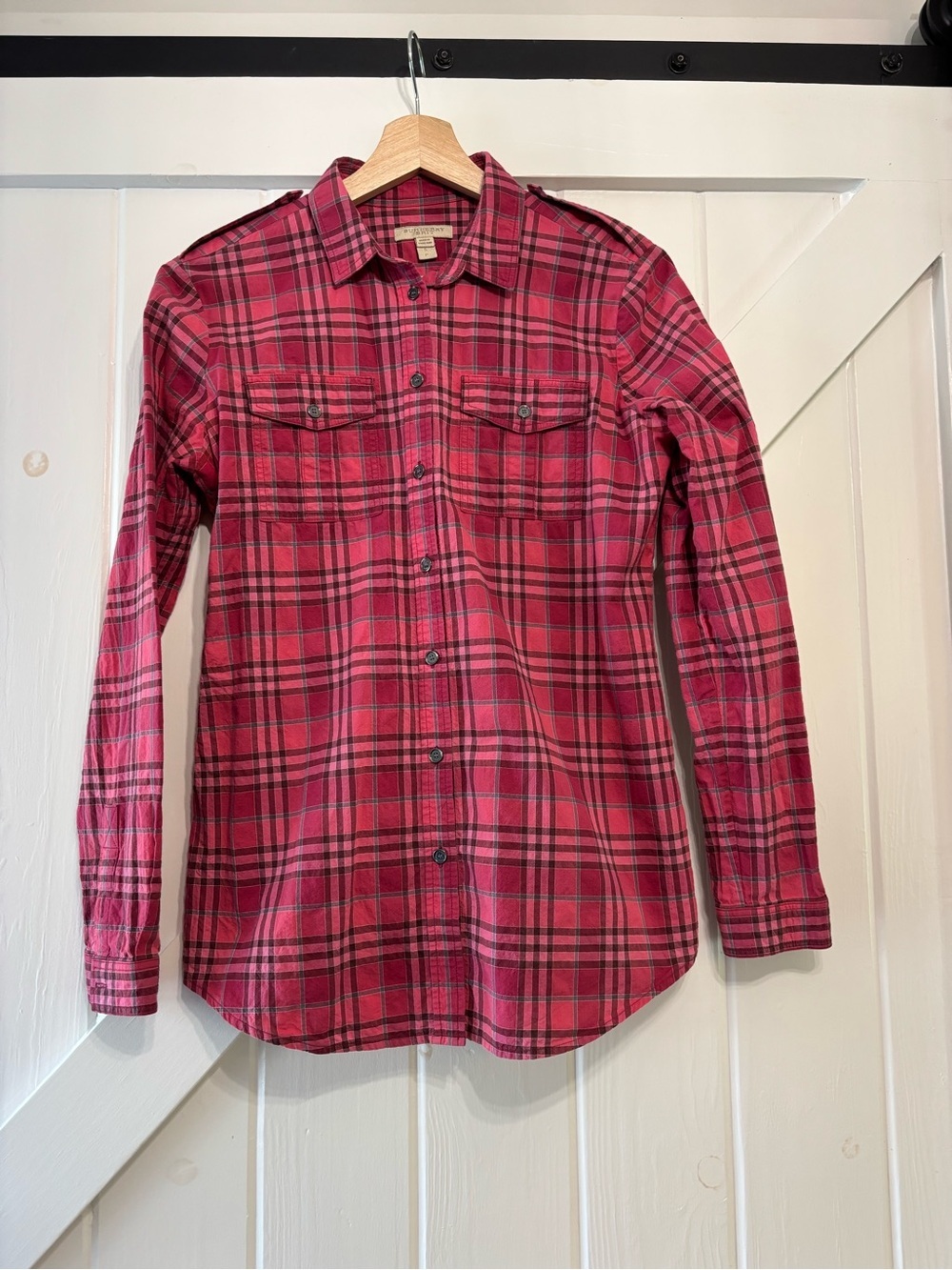 Burberry Brit Pink Plaid Button Down Shirt Stretch Preppy Feminine Small - Picture 2 of 8